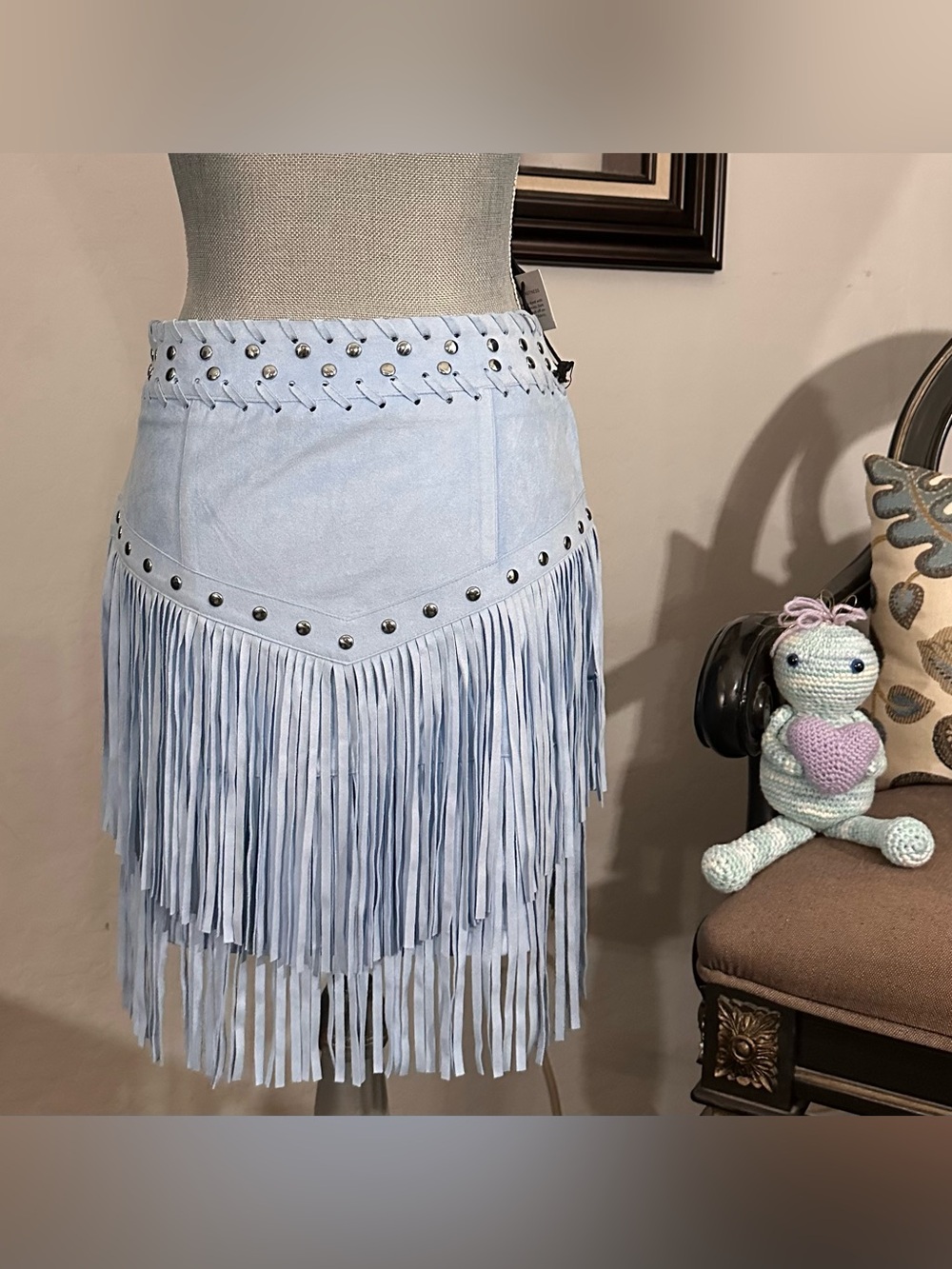 Idyllwind Sky Blue Faux Suede Studded Fringe Western Mini Skirt - Picture 5 of 8